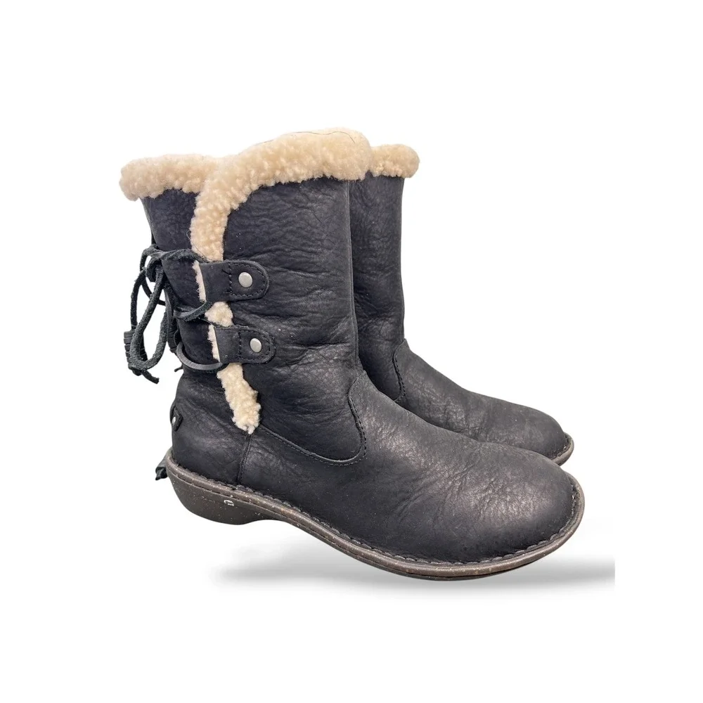 UGG Simmens Black Leather Shearling Lined Winter Boots 1007760 Womens 8
